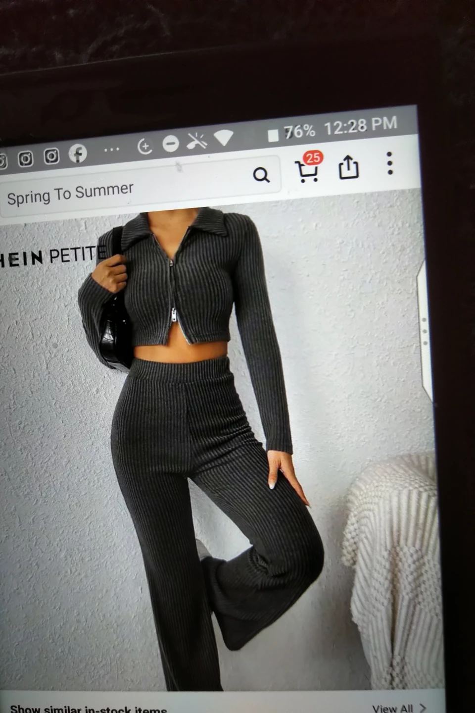 SHEIN Petite Ribbed Zipper Crop Top and Flare Pants Set