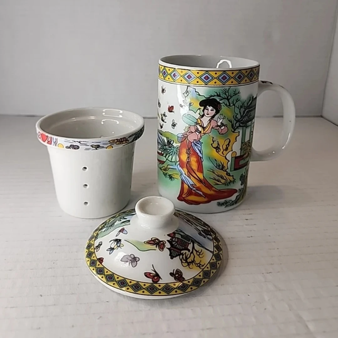 Chinese Ceramic Green Tea Diffuser 3-Piece Cup  "吉祥如意"