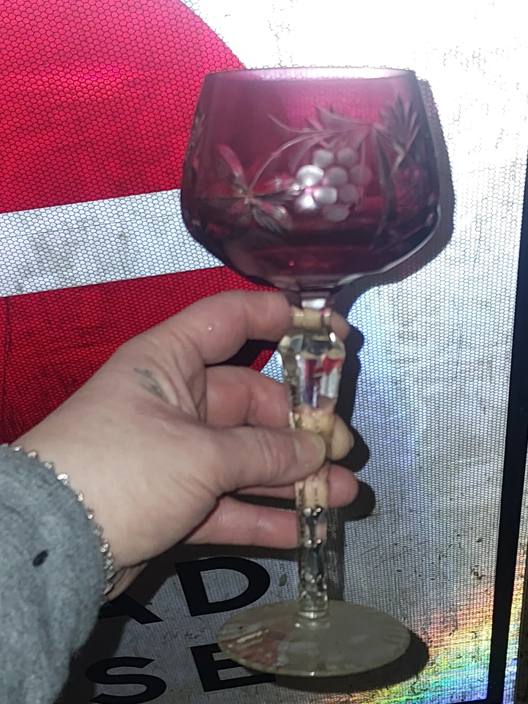 Vintage Etched Ruby Red Wine Glass with Crystal Stem🥕