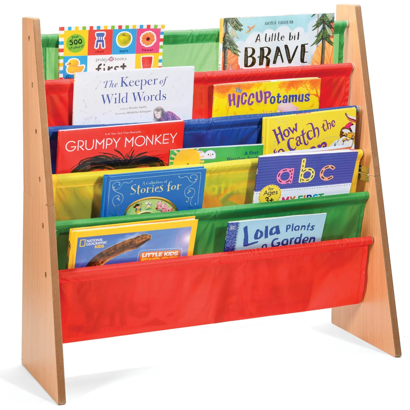 Wooden Kids Book Display Shelf with 4 Fabric Pockets 🥕
