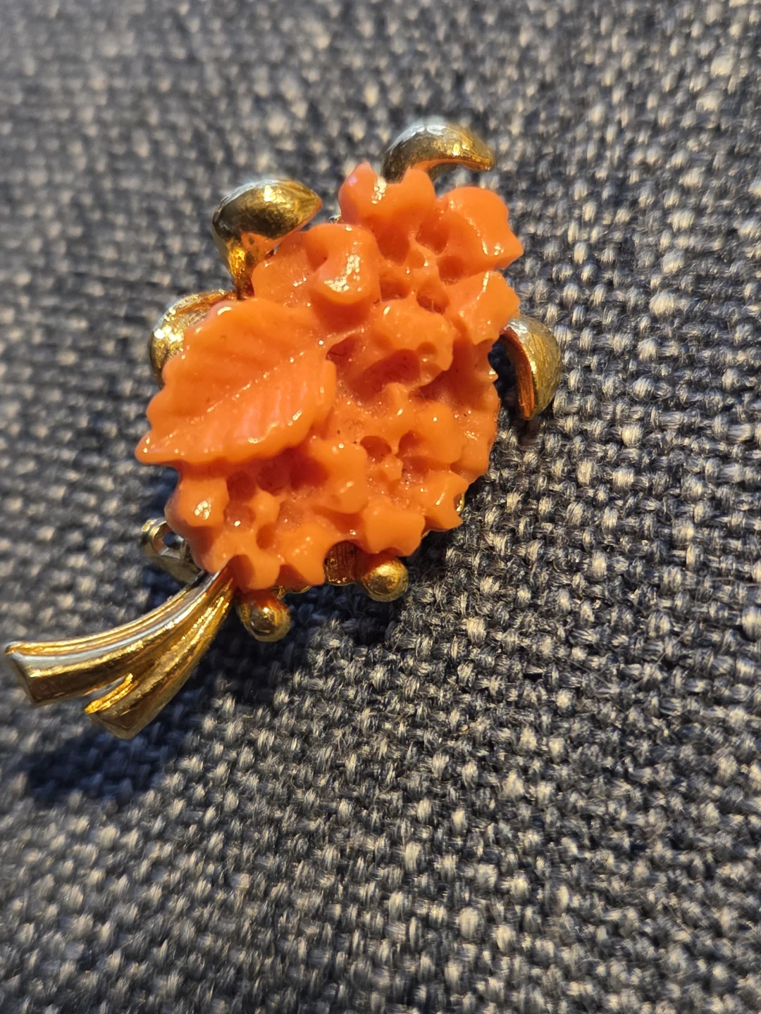 Orange Flower Brooch with Gold Accents