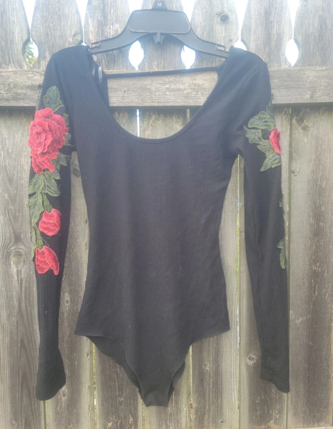 Stella luce Black long sleeve bodysuit with rose embroidery