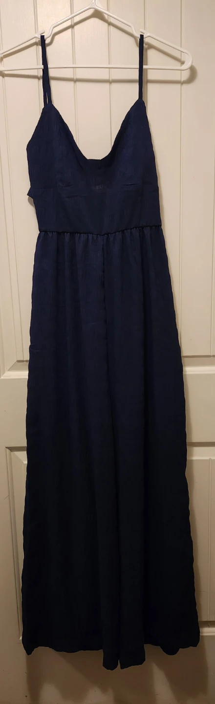 Navy Blue Textured Jumpsuit with Tie Back