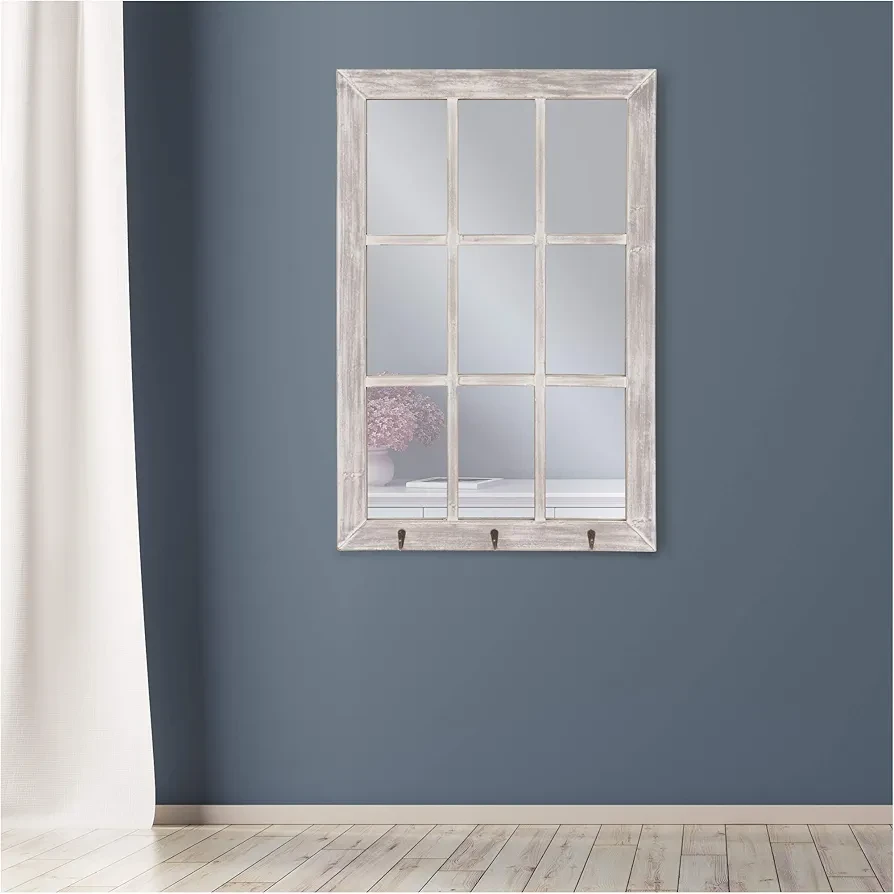 🆕️ 24x36 Distressed White Windowpane Wall Mirror with Hooks - photo 5