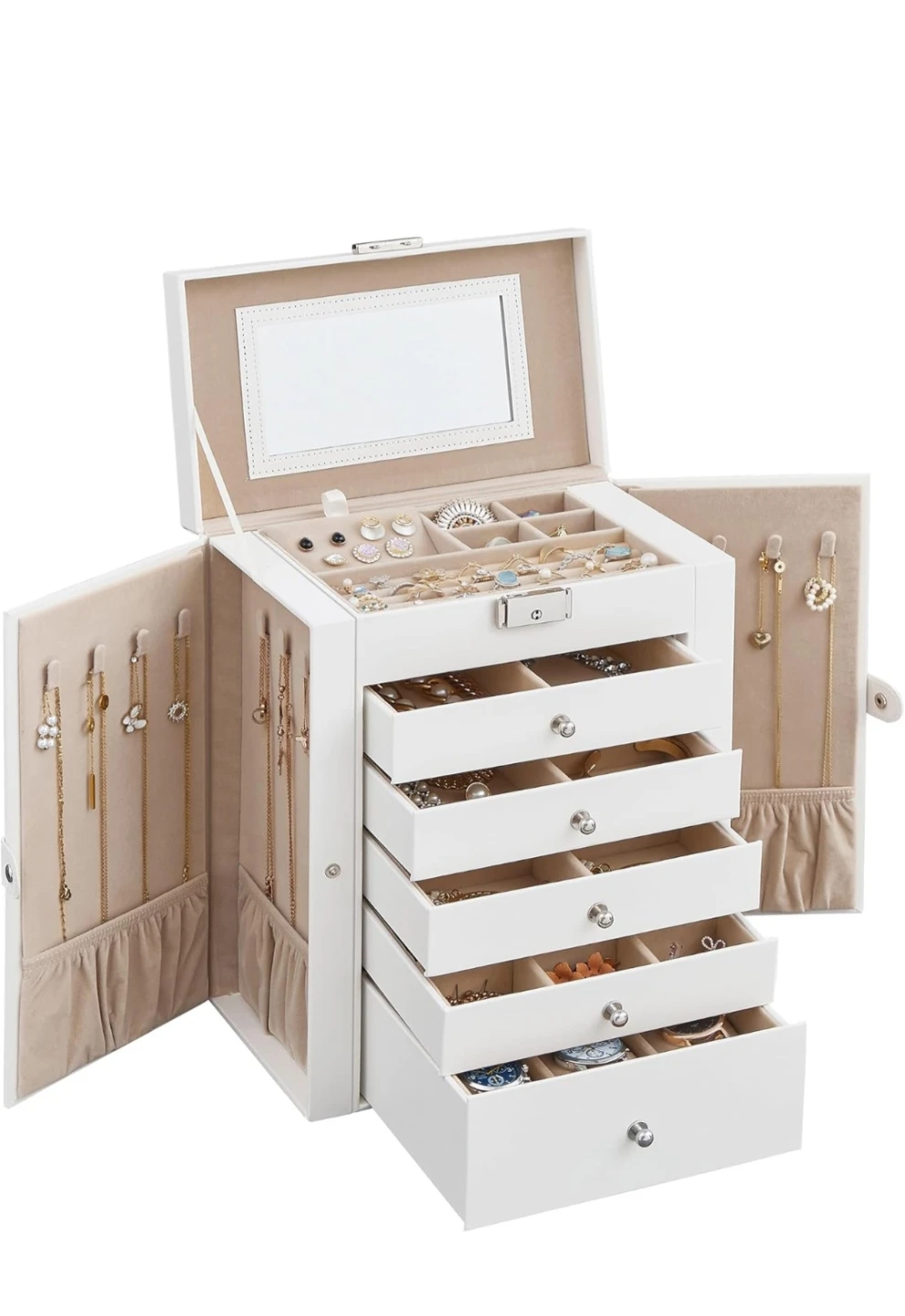 White Faux Leather Jewelry Box with Mirror