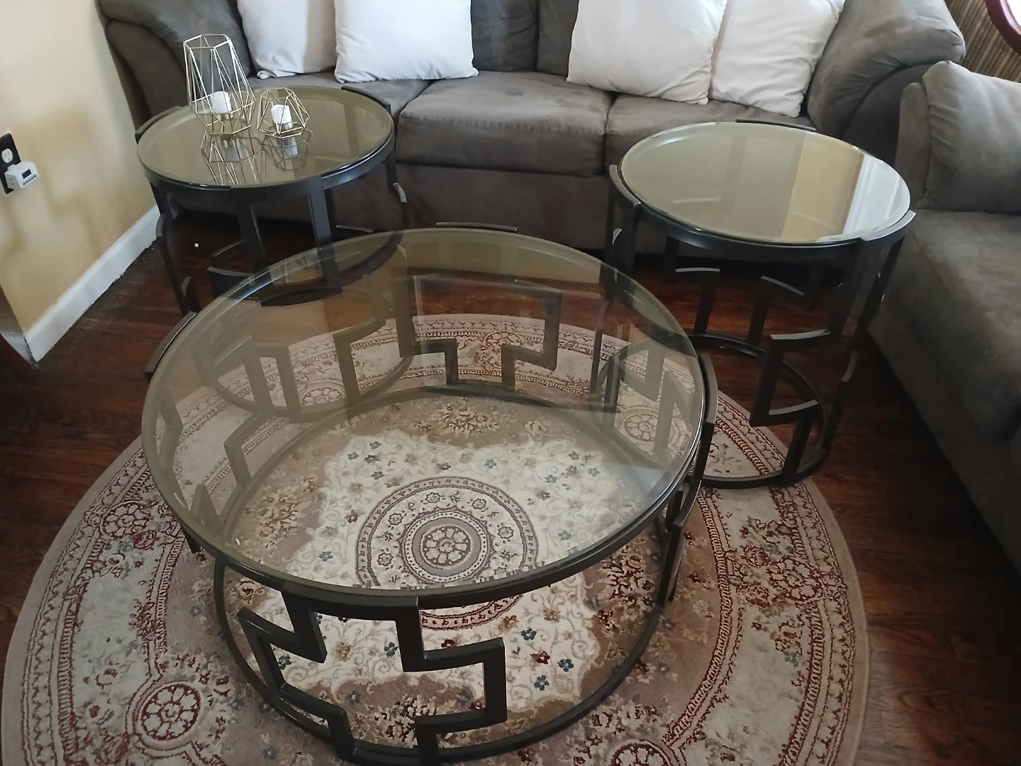 Set of 3 Round Glass Top Side Tables with Metal Bases
