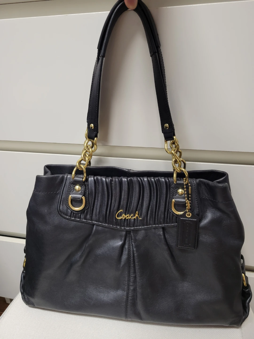 Coach Vintage Ashley Black Pleated Leather Chain Shoulder Bag