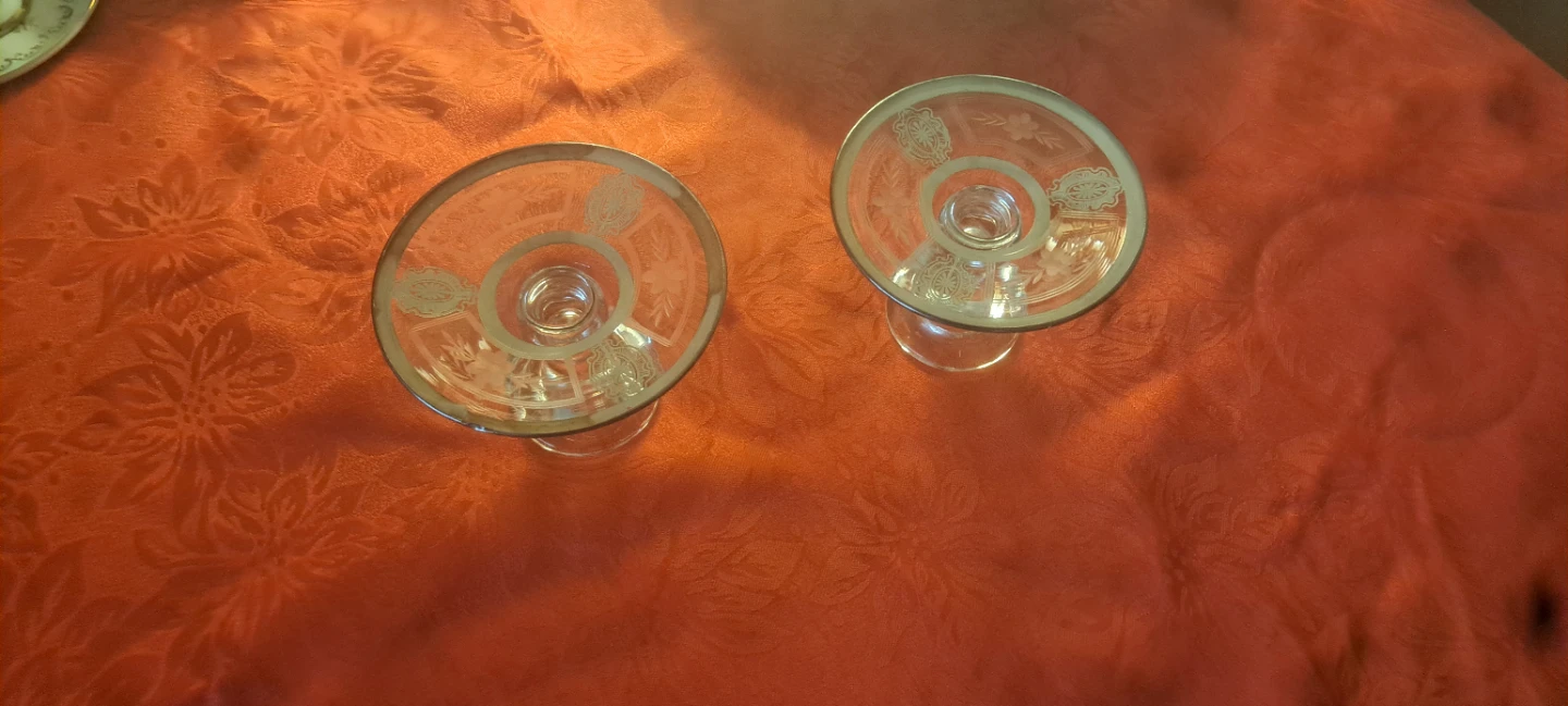 Set of 2 Vintage Etched Glass Candlesticks with Silver Trim