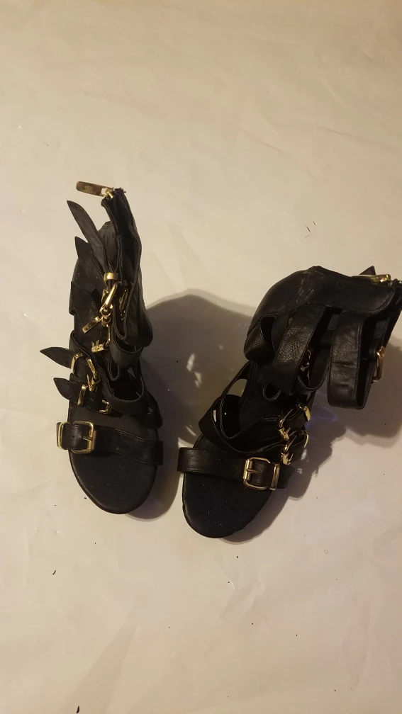 Black Gladiator Wedge Sandals with Gold Buckles - photo 2
