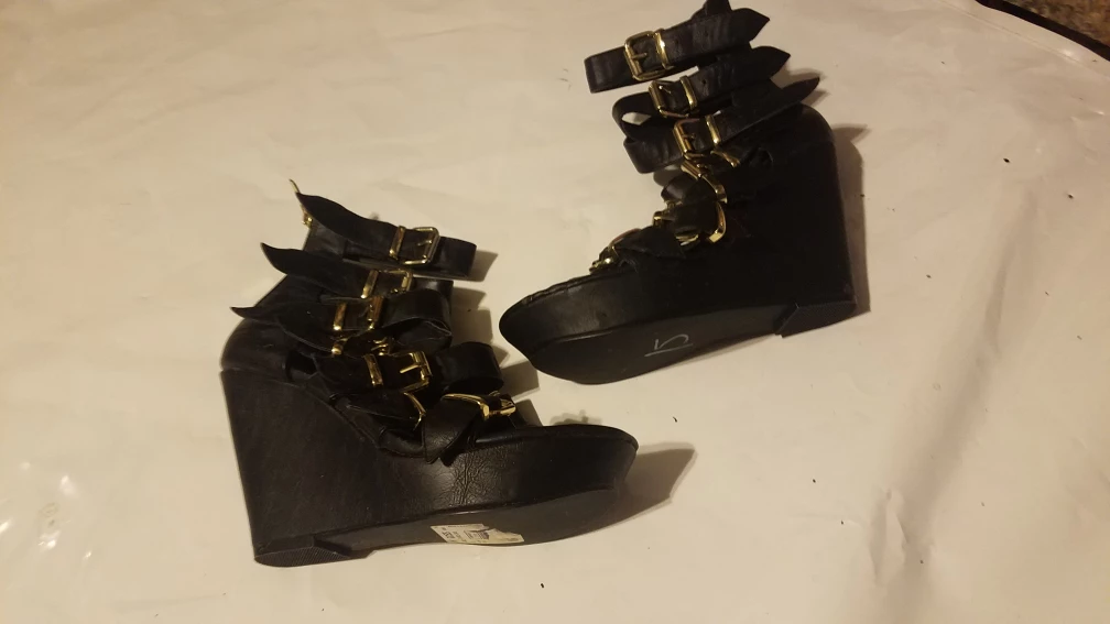 Black Gladiator Wedge Sandals with Gold Buckles - photo 4
