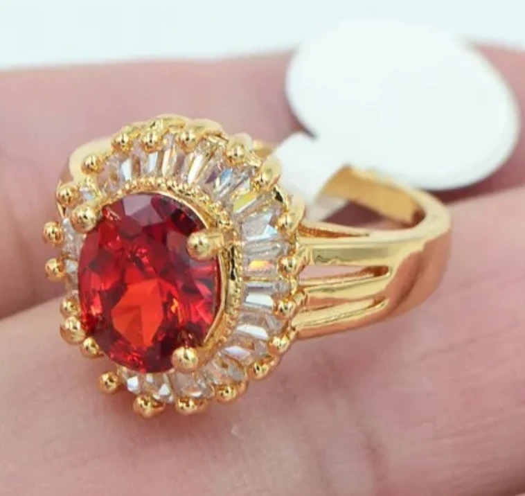 Gold Tone Red Gem Ring with Clear Accents