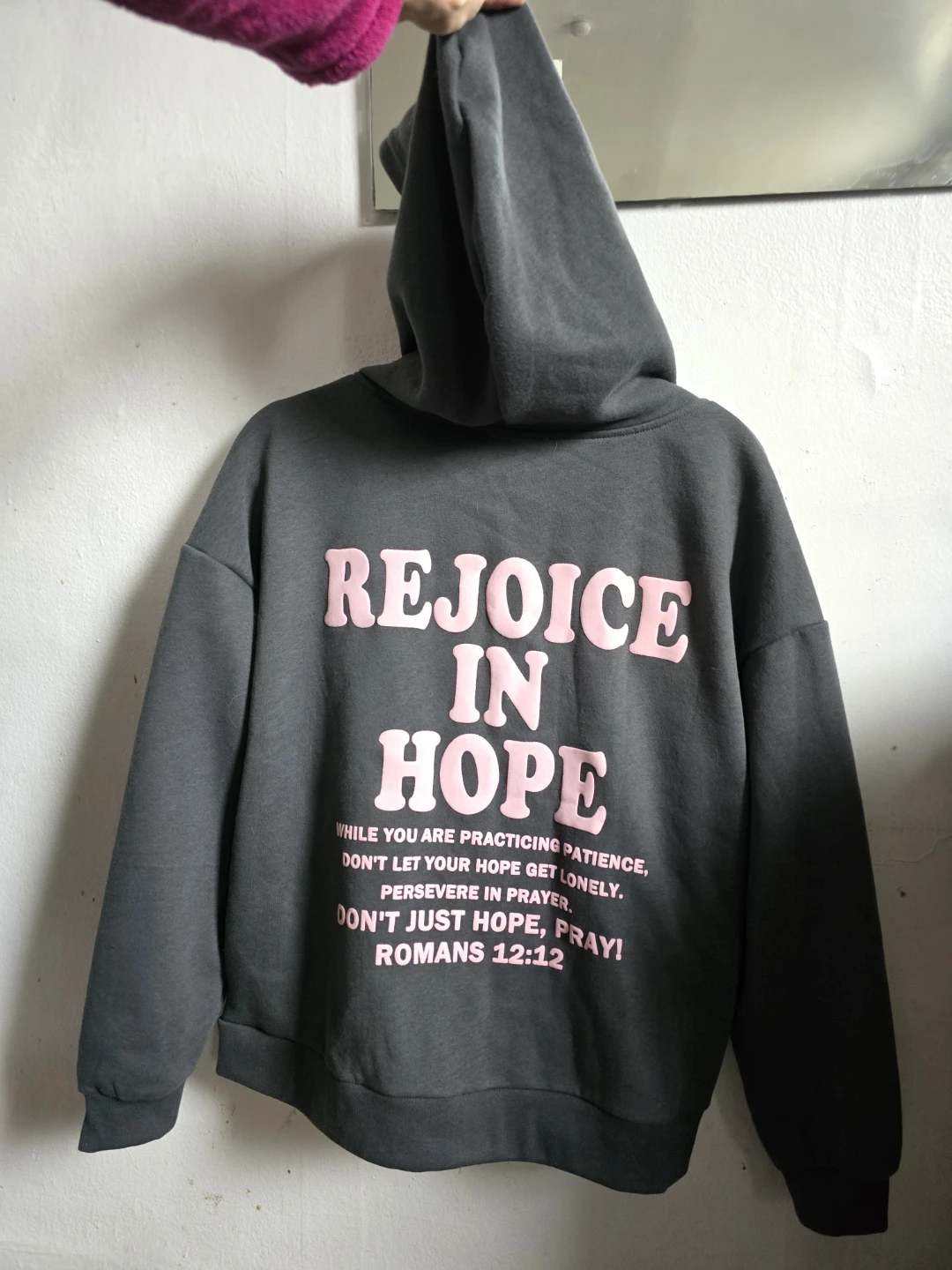 Hoodie with "Rejoice in Hope" Bible verse on back Size L - photo 2