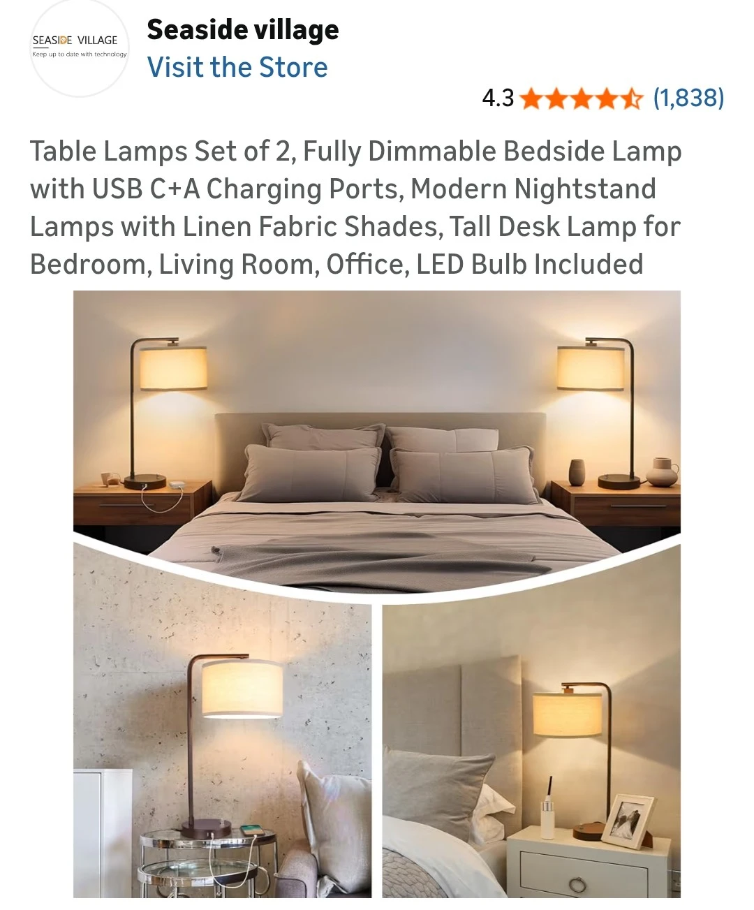 Set of 2 Fully Dimmable Bedside Table Lamps with USB Ports