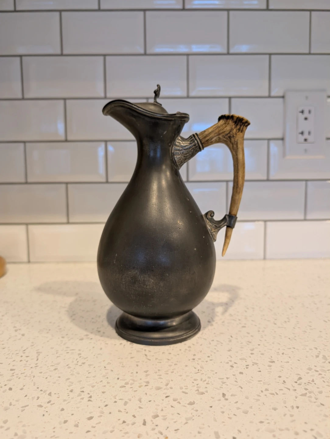 Vintage Pewter Pitcher with Antler Handle