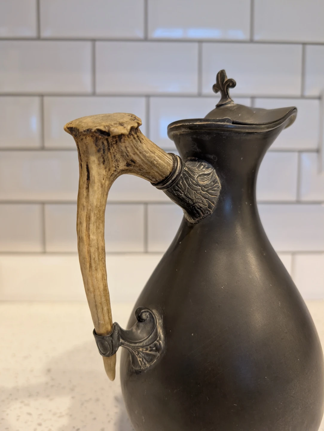 Vintage Pewter Pitcher with Antler Handle - photo 2