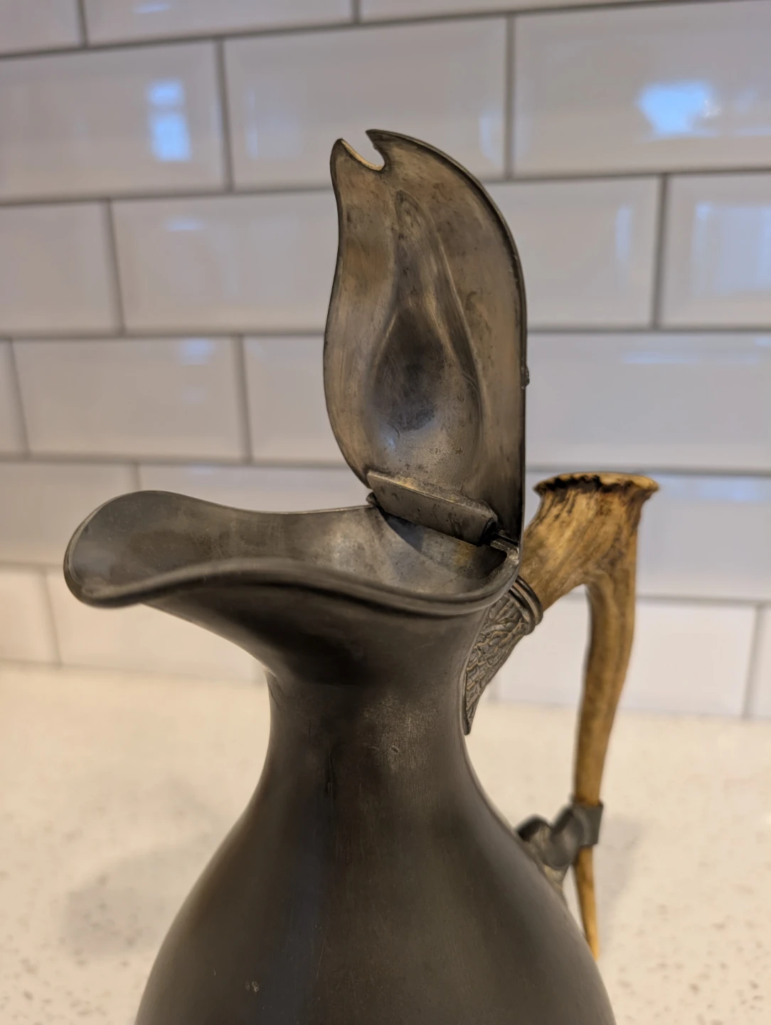 Vintage Pewter Pitcher with Antler Handle - photo 3
