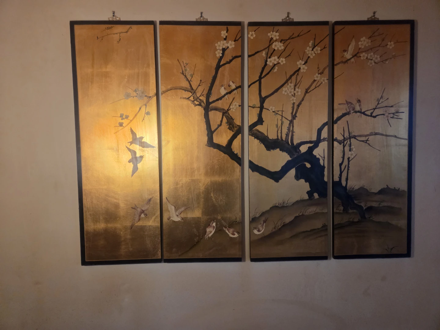 Four-panel wall art with birds and tree