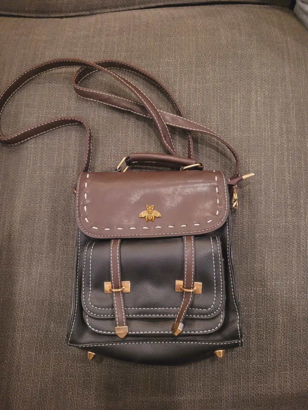 Brown Faux Leather Crossbody Bag with Bee Accent