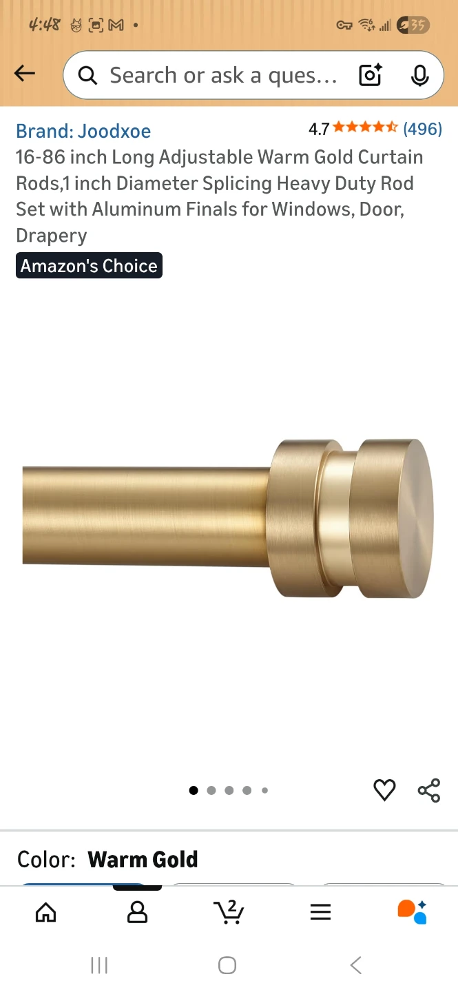 16-86 inch Adjustable Curtain Rod Set, Warm Gold