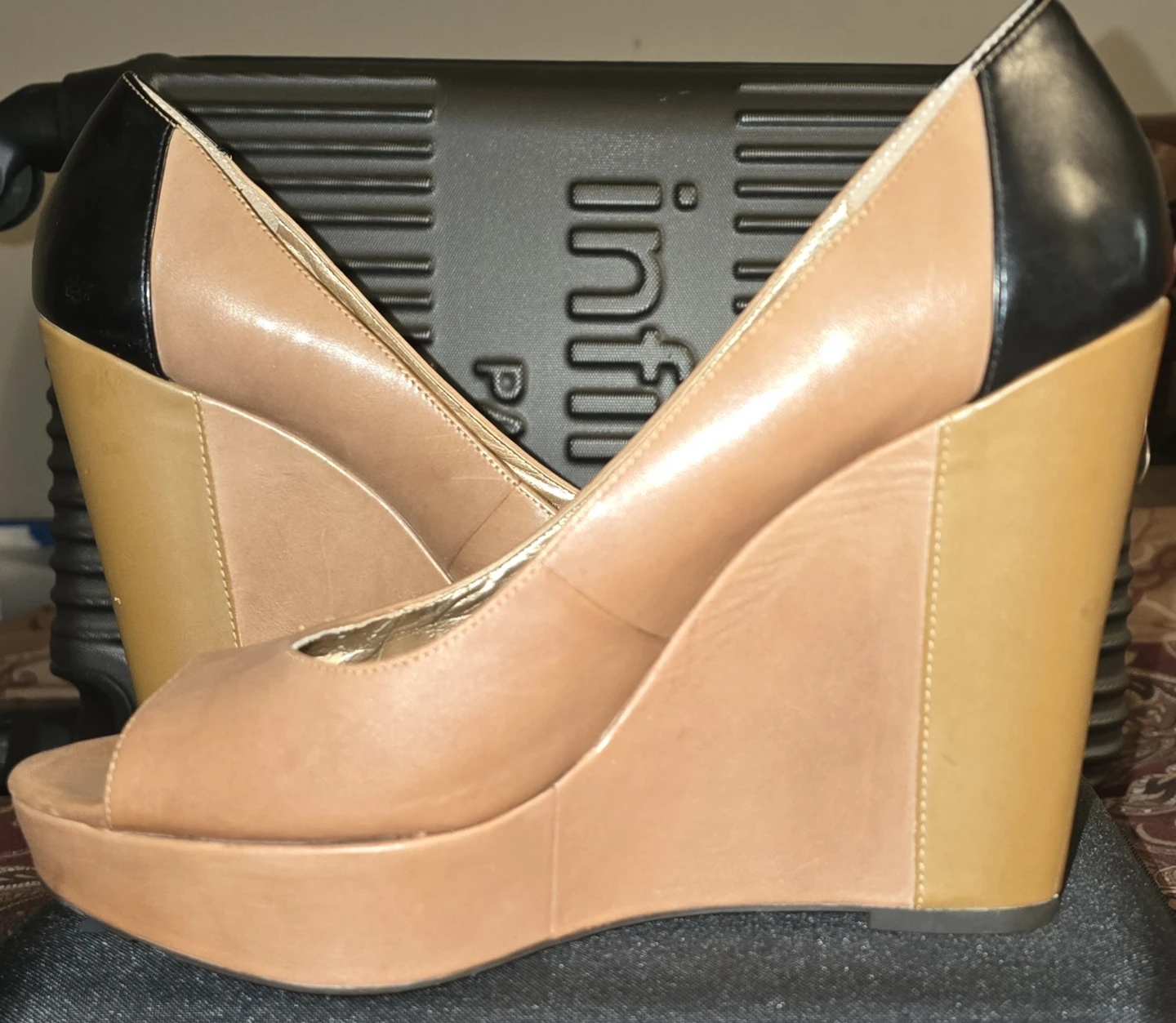 BCBG Tan & Black Peep-Toe Wedge Heels - photo 2