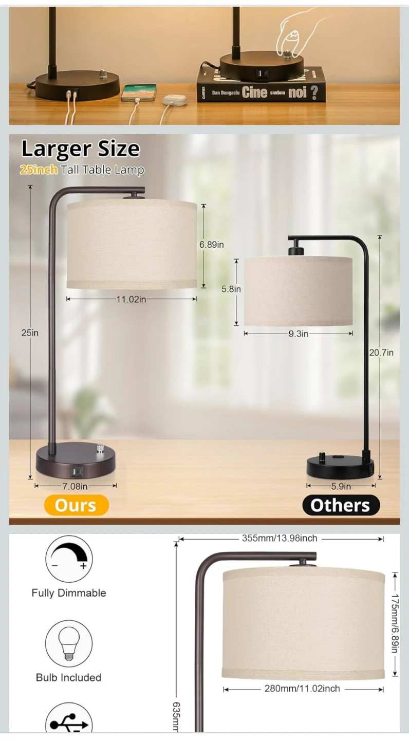 Set of 2 Fully Dimmable Bedside Table Lamps with USB Ports - photo 3