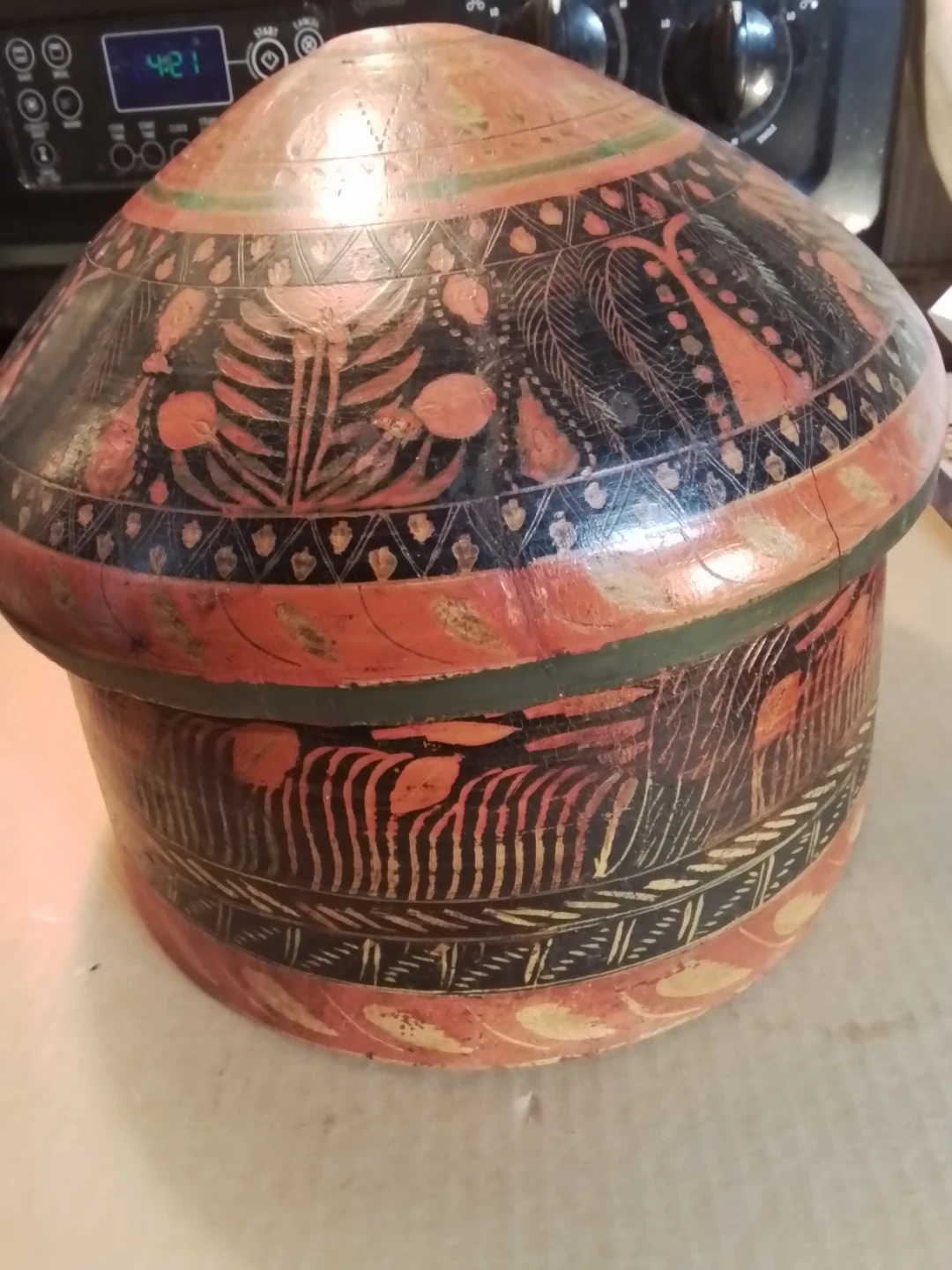 Antique Hand-Painted Mongolian Wood Lidded Bowl shaped like Yurt - photo 3
