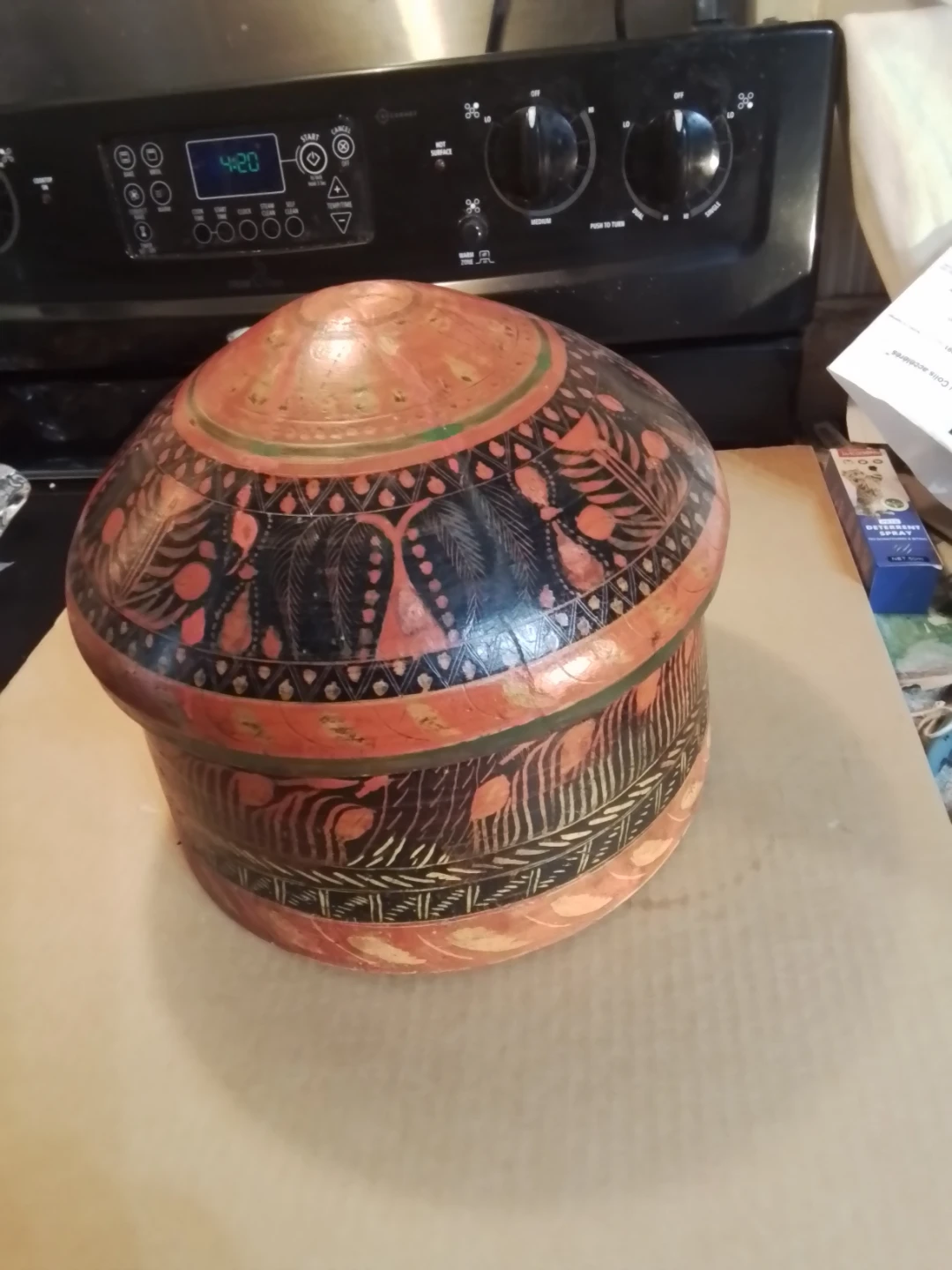 Antique Hand-Painted Mongolian Wood Lidded Bowl shaped like Yurt - photo 4