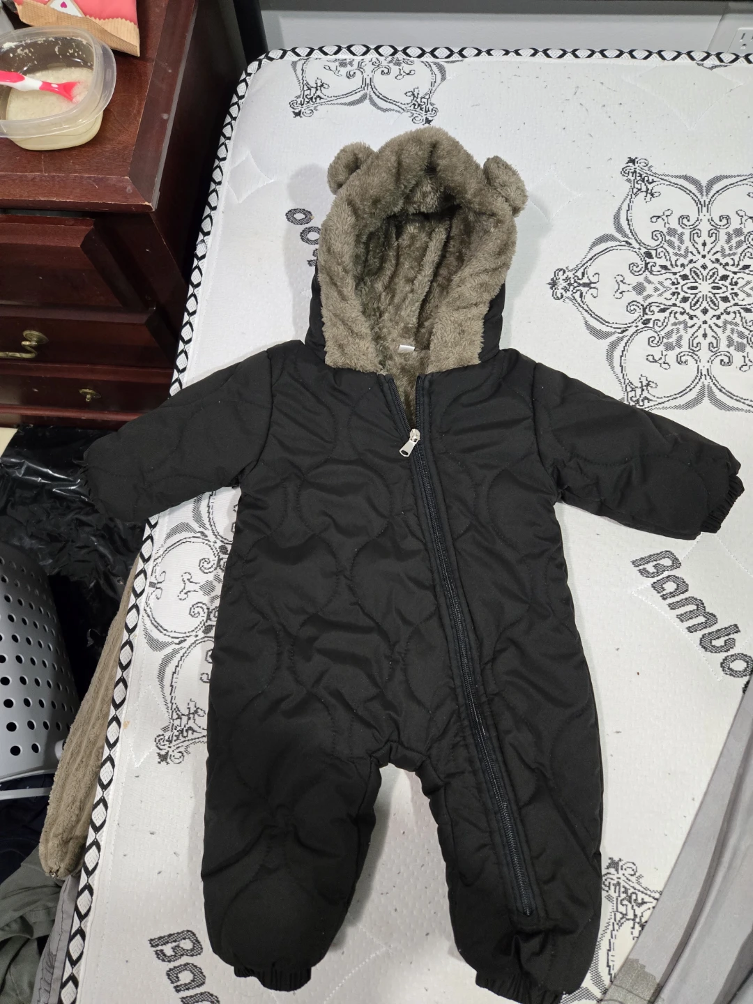 Black Quilted Snowsuit with Faux Fur Hood