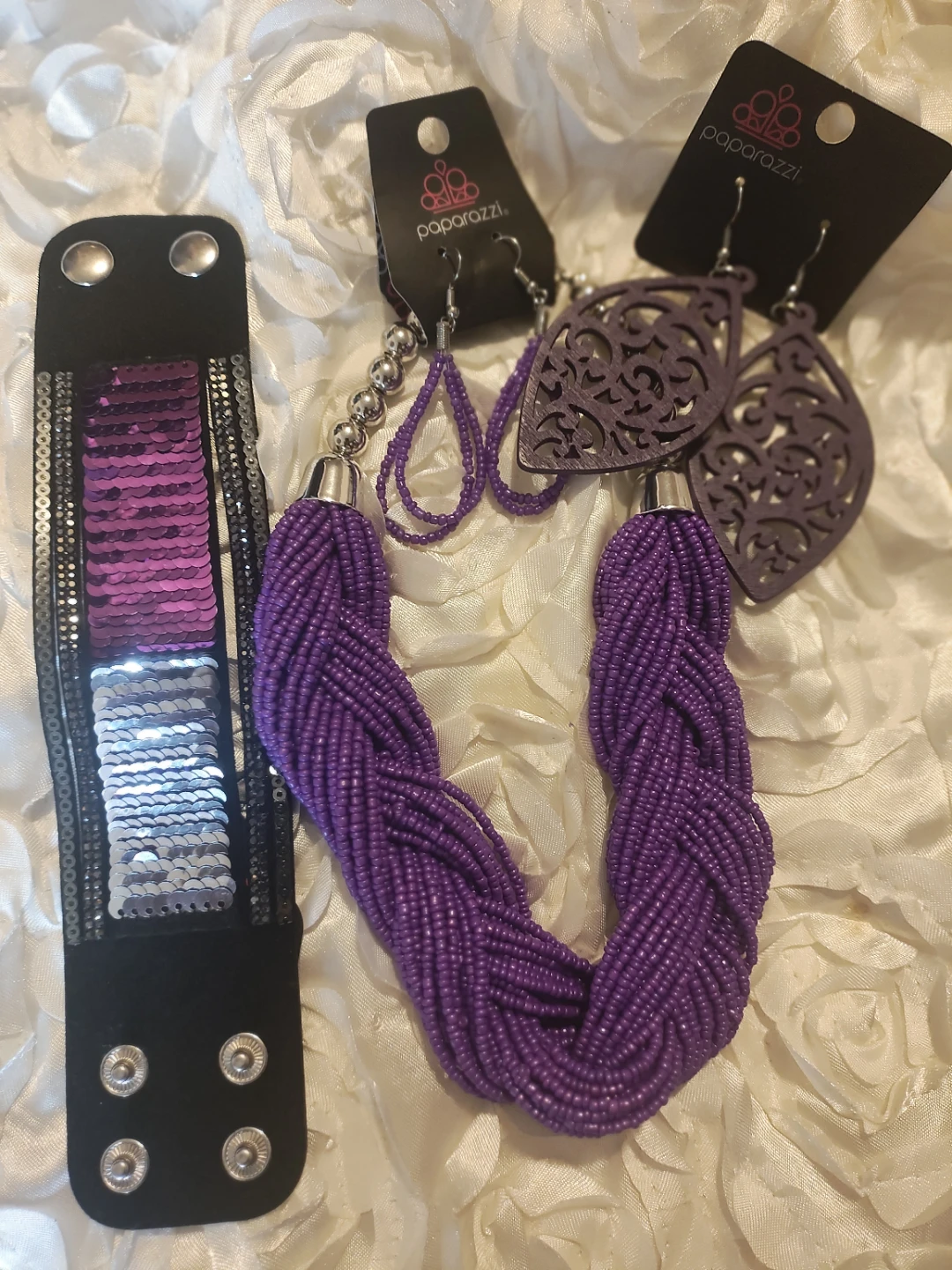 🏆Purple Beaded Necklace, Earrings, and Sequin Cuff Bracelet Set