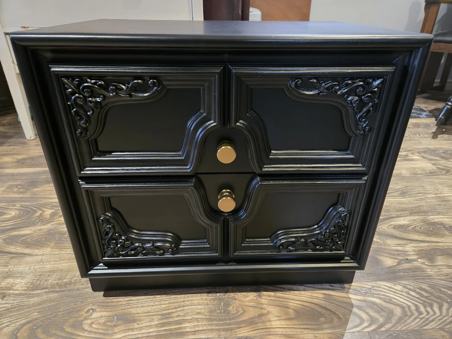 Black Vintage Spanish Colonial Nightstand with 2 Drawers