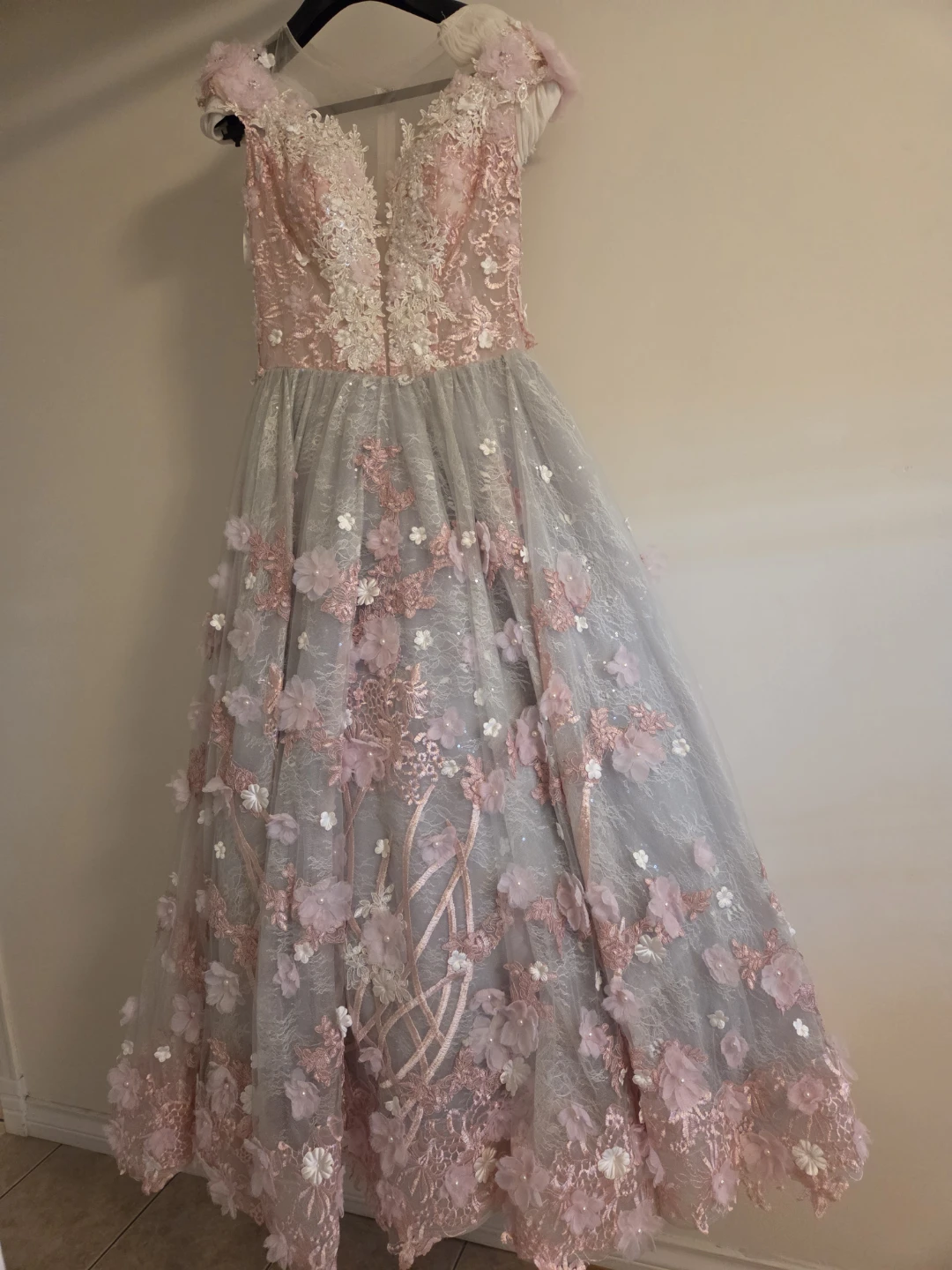 Pink and Grey Floral Embellished Gown