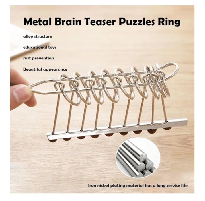 NEW!   Metal Brain Teaser Puzzles Ring - 22cm 9 Linked Rings - photo 5