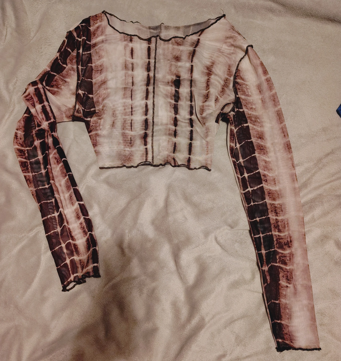 Brown and White Mesh Long Sleeve Top small