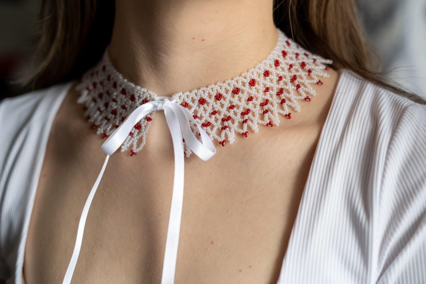 Beaded Choker Necklace with Ribbon Ties - photo 3