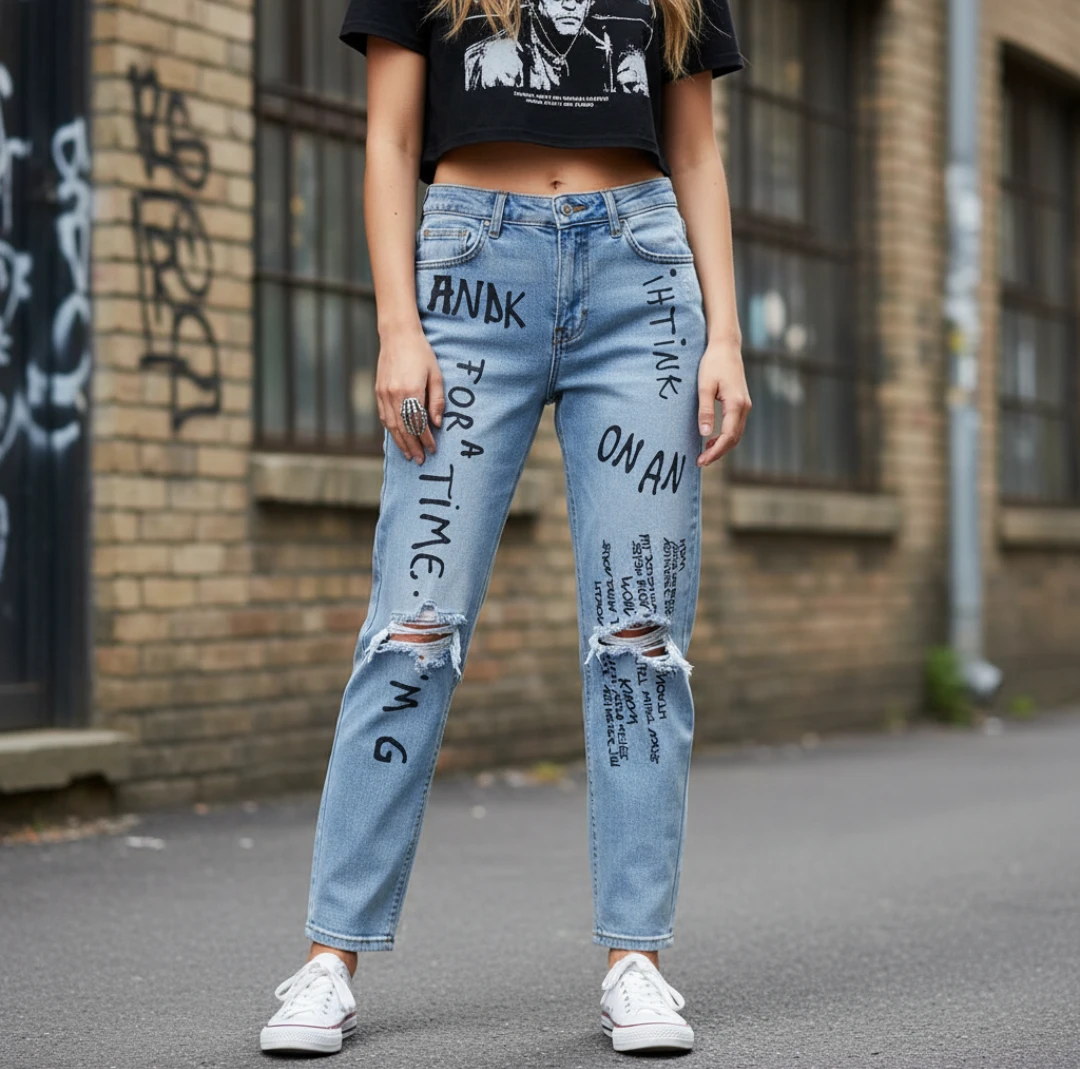 Distressed Jeans with Graffiti Design - photo 4