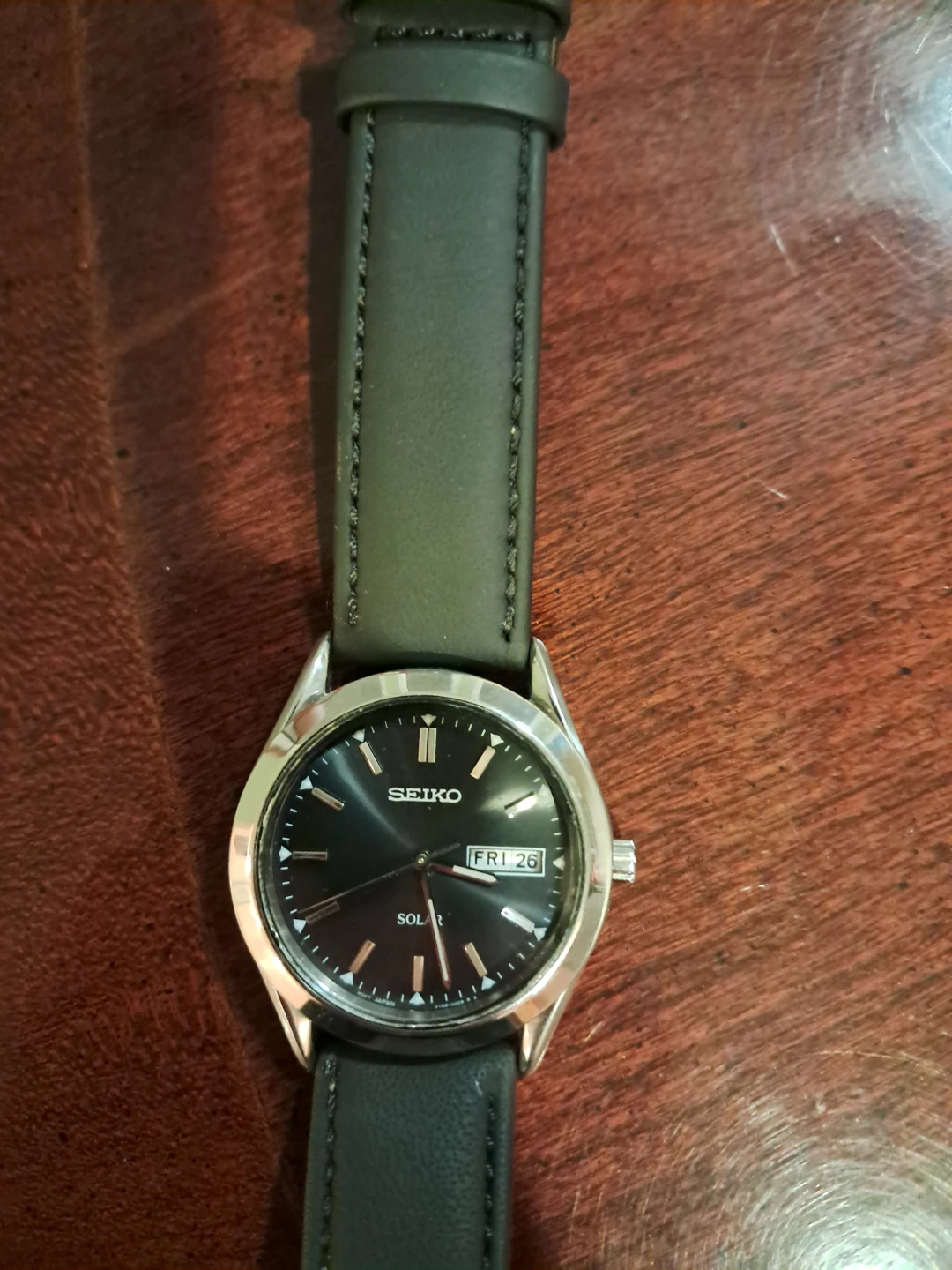 Seiko SNE039 Solar Watch with Black Leather Strap