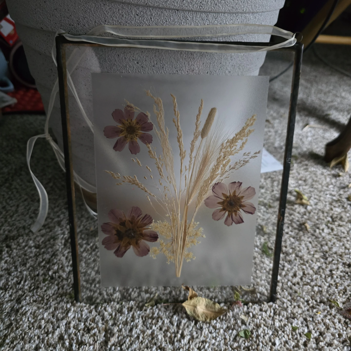 Framed Pressed Flowers and Wheat Decor