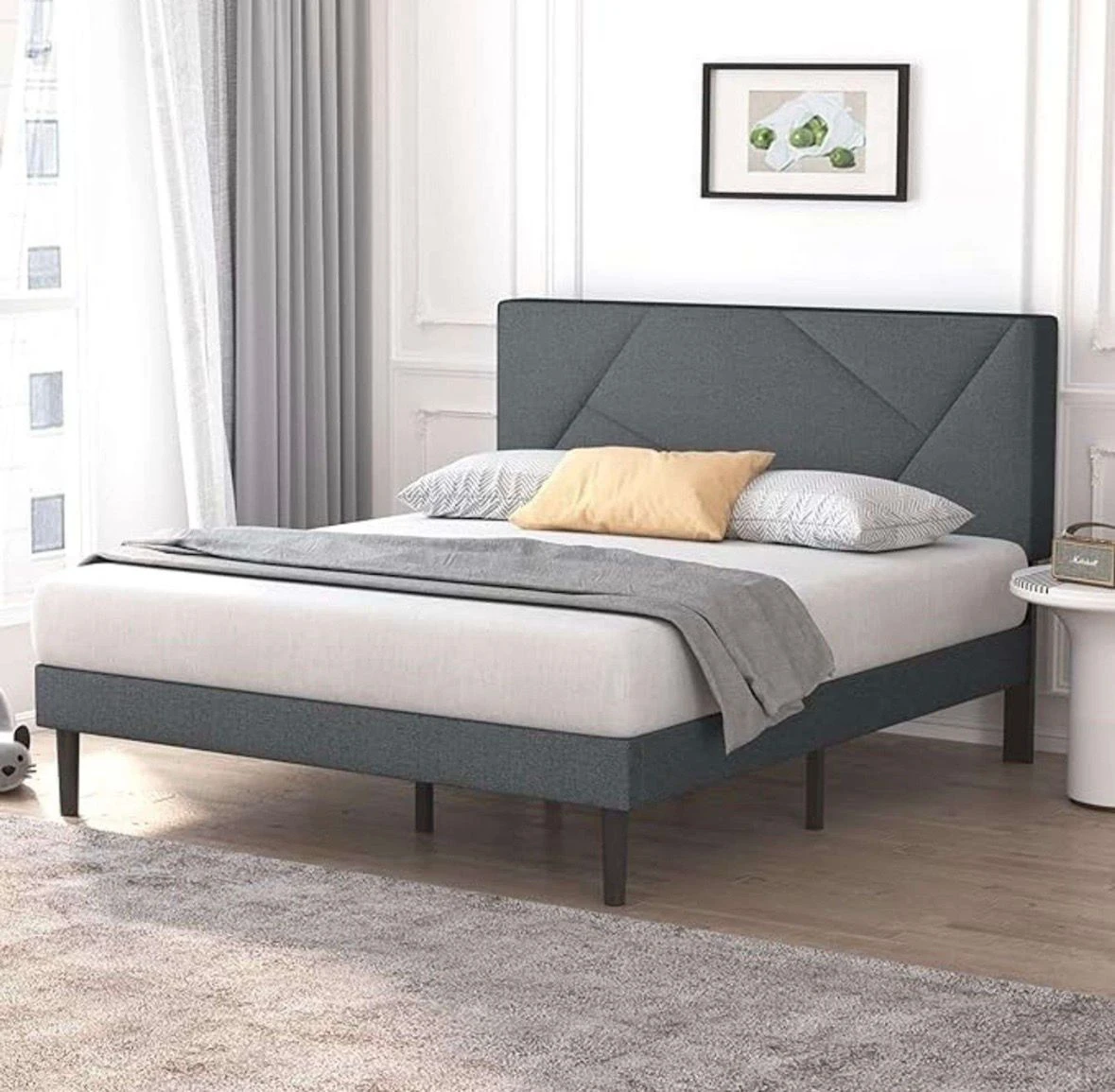 Queen Size Bed Frame with Headboard - Grey Fabric - photo 2