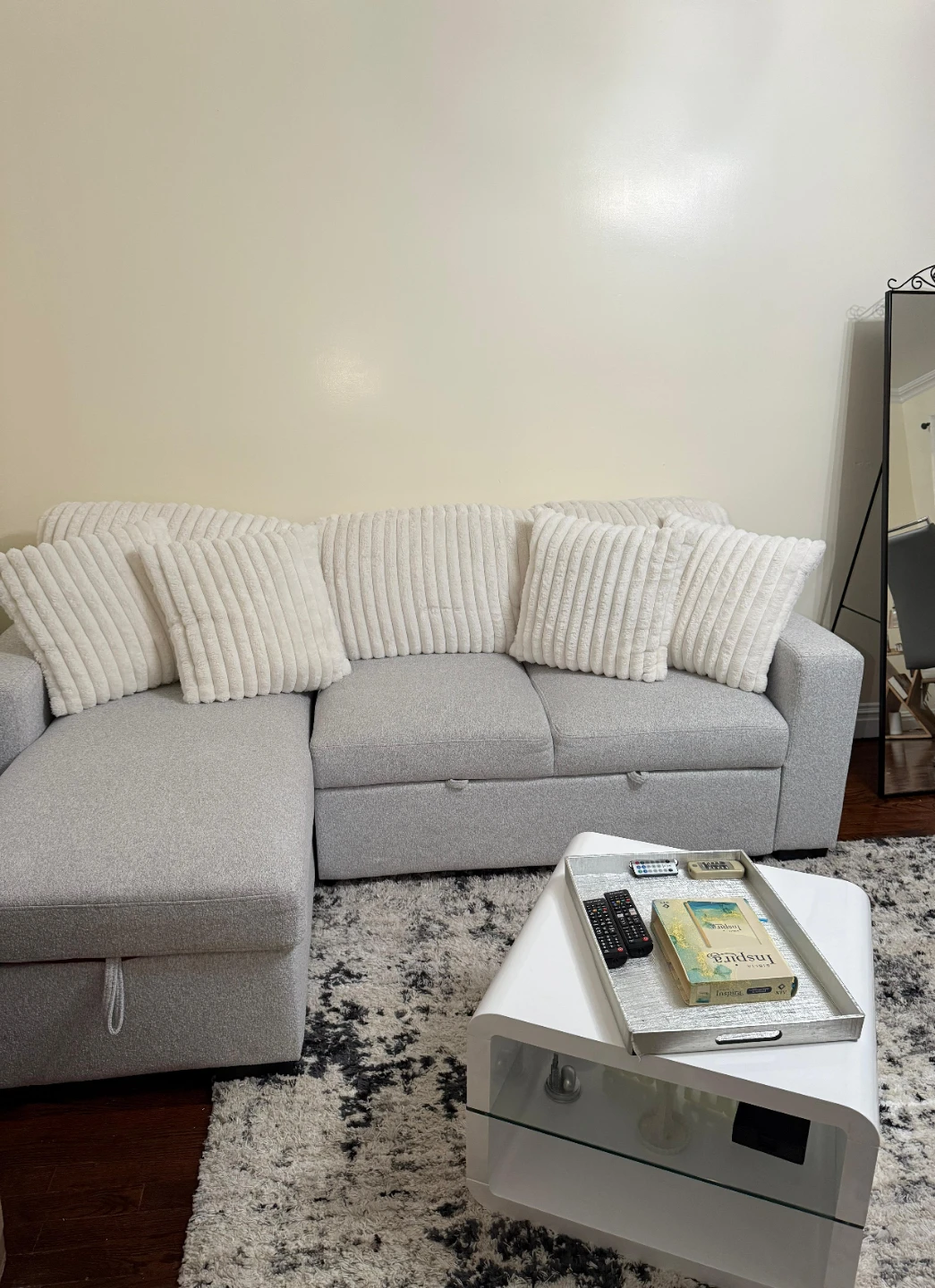Gray Sectional Sofa with Storage and Pull-out Bed Includes table