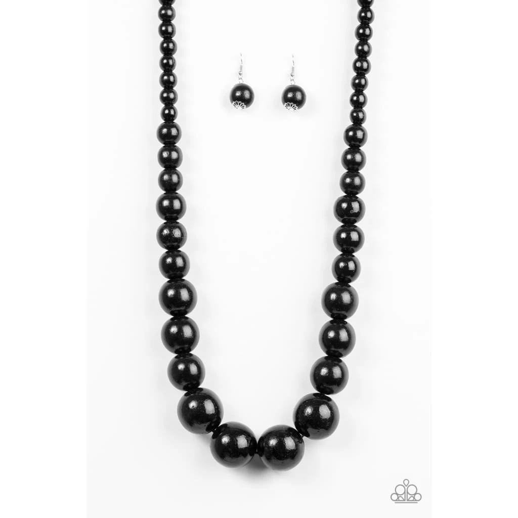Paparazzi Black Beaded wood Necklace and Earrings Set