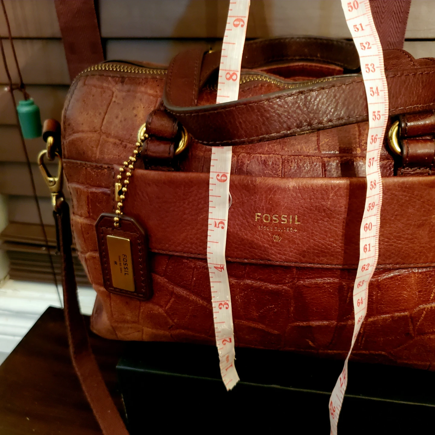 FOSSIL Brown Leather Croc Embossed Crossbody Satchel Handbag - photo 3