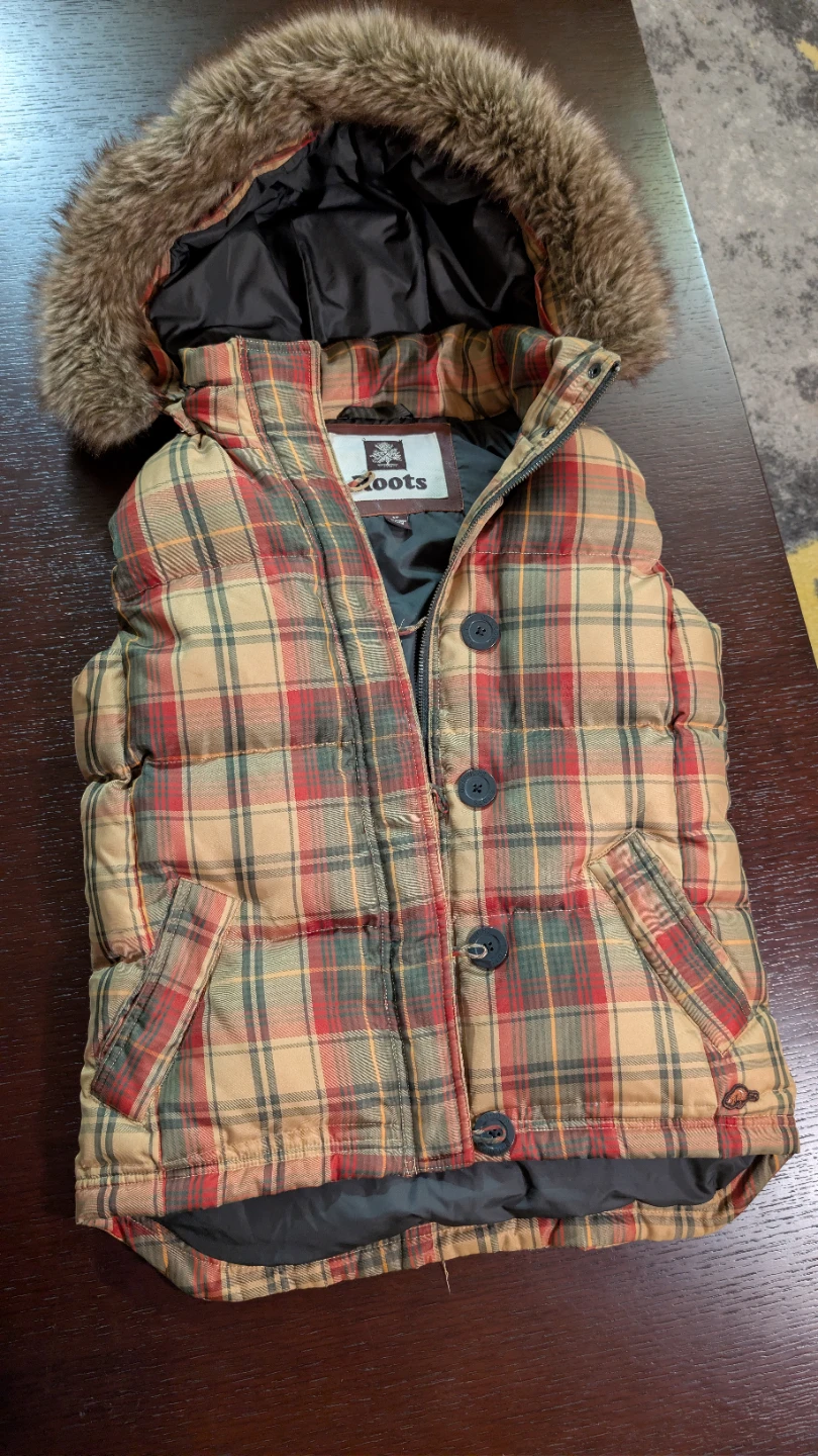 Roots Plaid Puffer Vest with Fur Hood