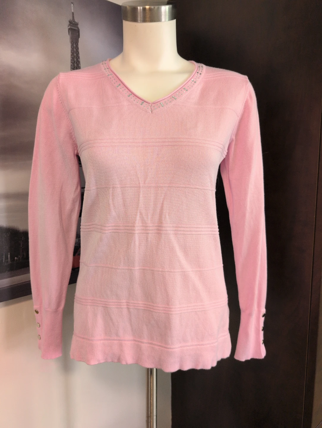 KLEIO Pink V-Neck Sweater with Rhinestone Detail - Size S