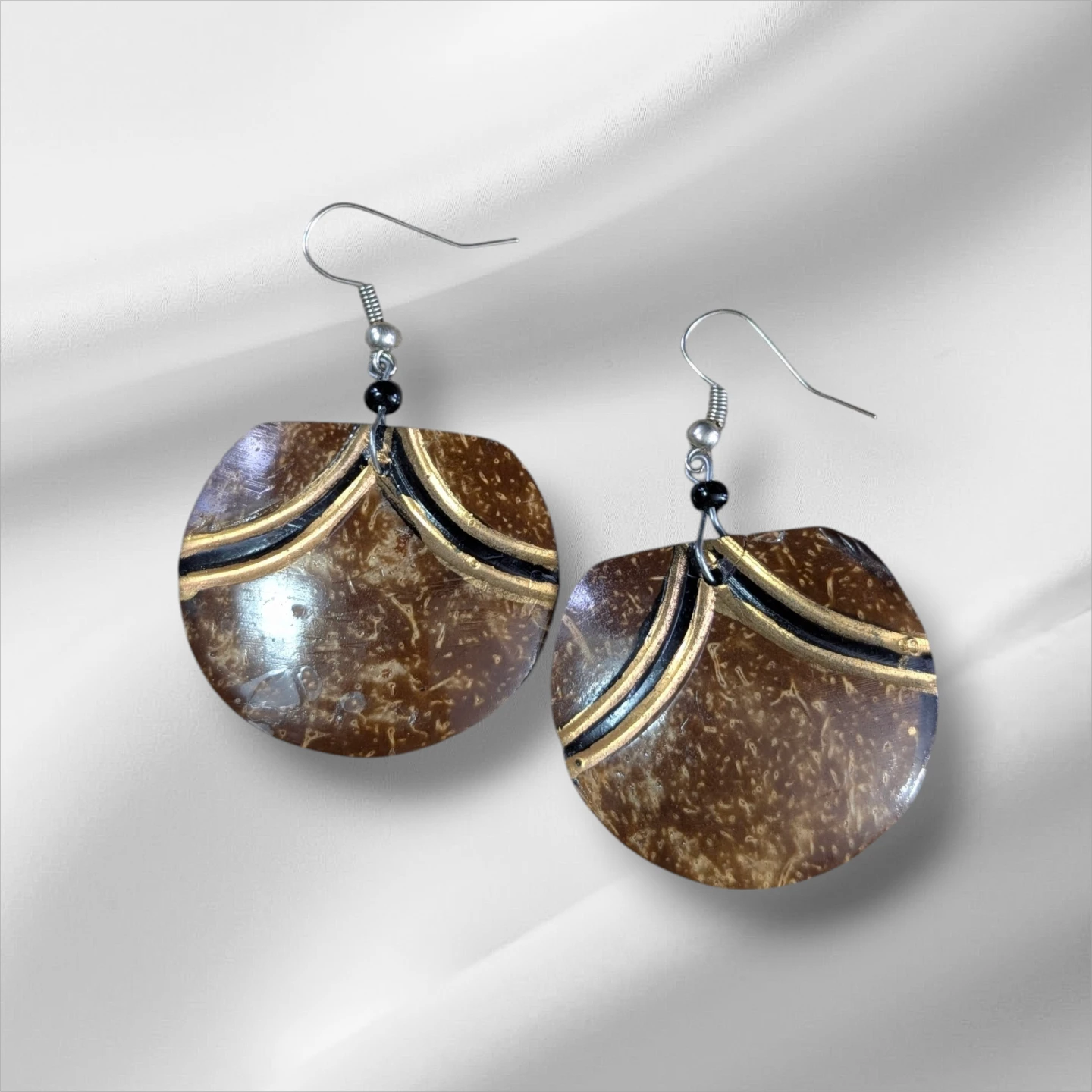 Round Coconut Shell Earrings with Gold Accents