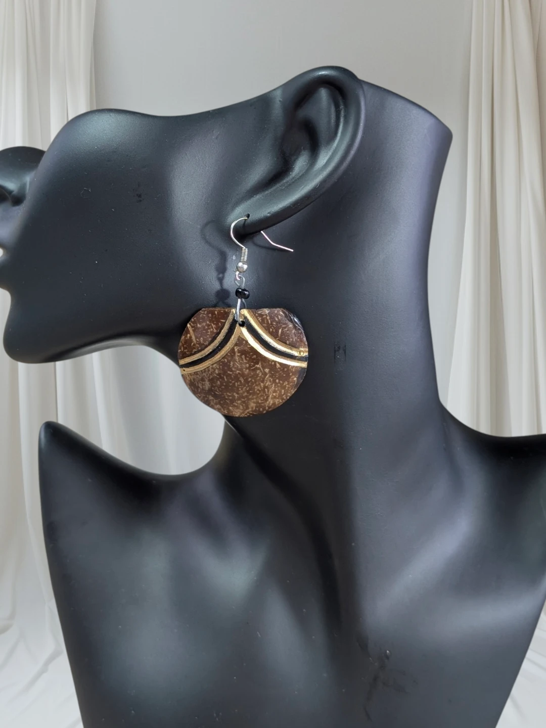 Round Coconut Shell Earrings with Gold Accents - photo 2