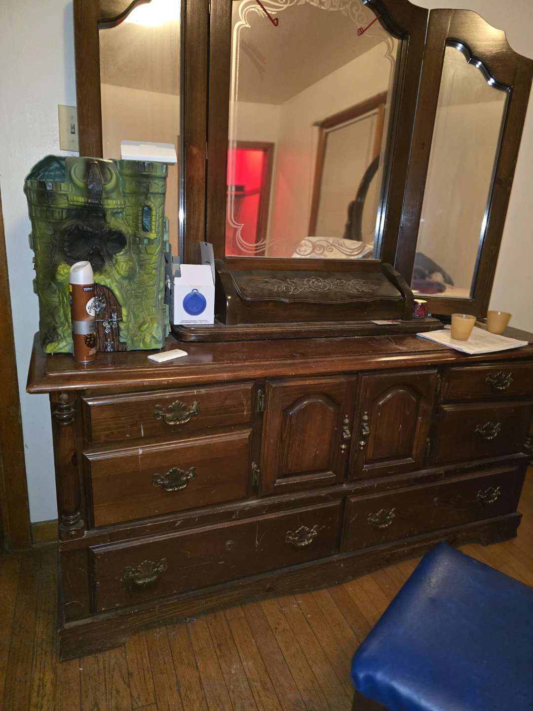 Vintage Wooden Armoire Wardrobe Dresser with Mirror