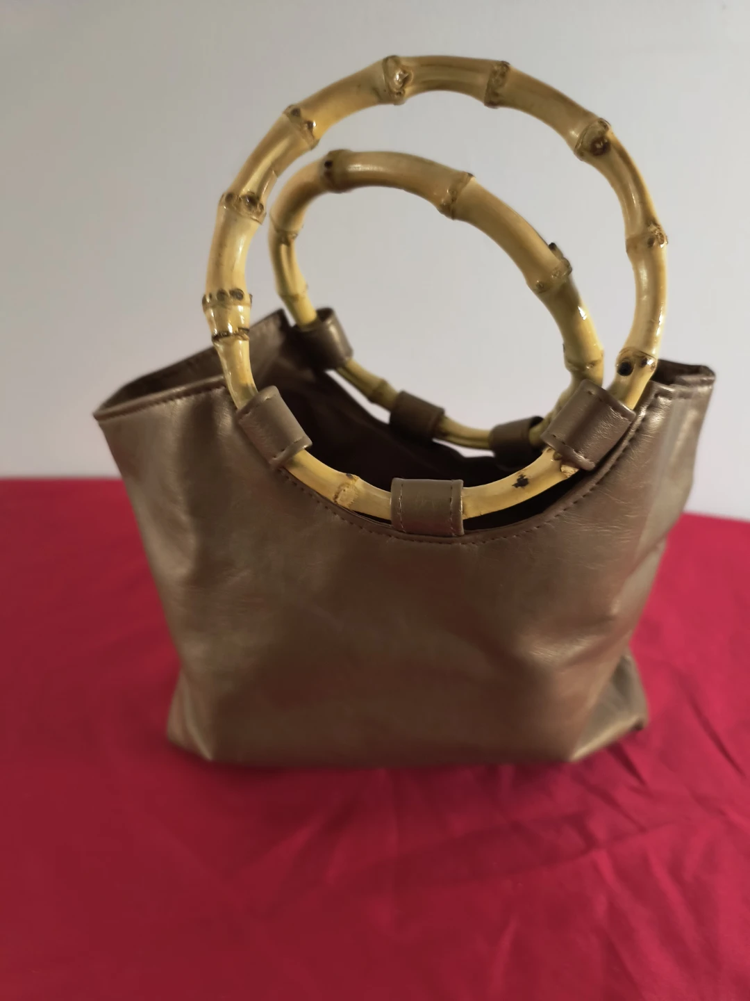 Gold Faux Leather Handbag with Bamboo Handles - photo 4