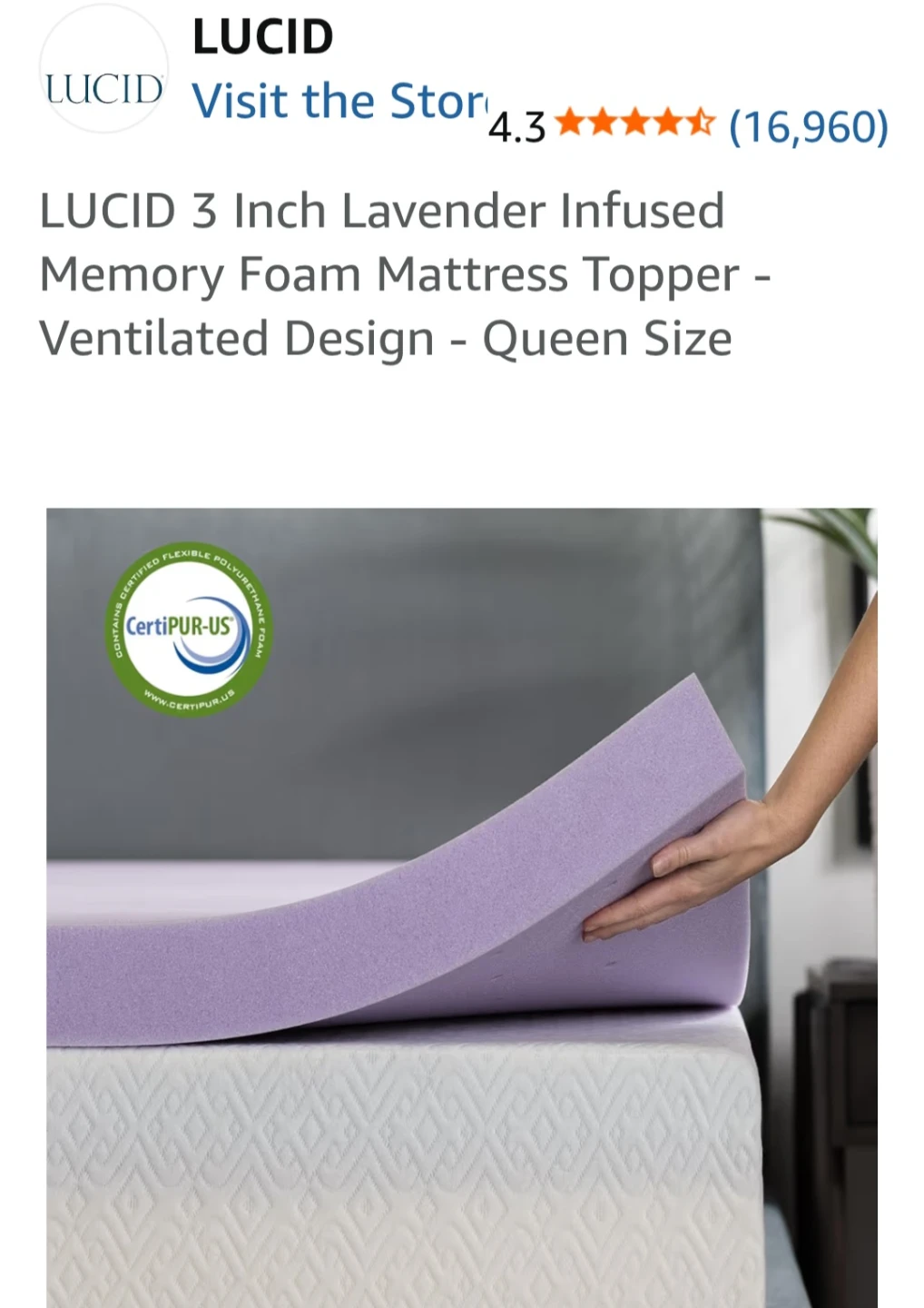 LUCID 3 Inch Lavender Infused Memory Foam Mattress Topper