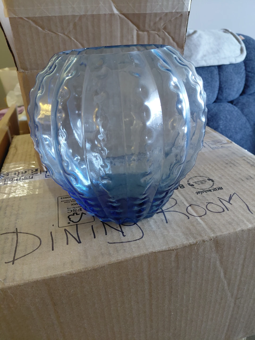 Blue Glass Round Candle Holder or Vase