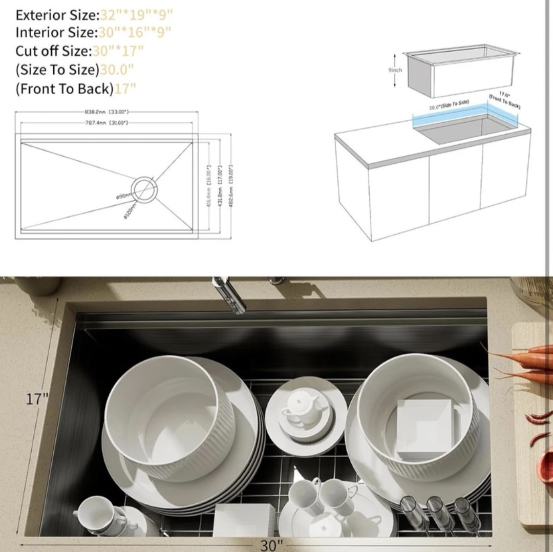 Undermount Kitchen Sink, 32”x17” Matte Black, Granite composite - photo 3
